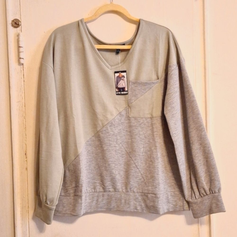 Green gray Colorblock V-Neck long-sleeve Sweatshirt abstract breast pocket